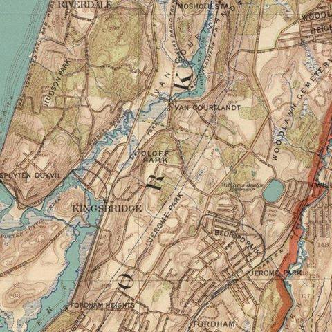A historic map of the Kingsbridge neighborhood of the Bronx, showing the southern end of Tibbett's Brook as it meanders from Van Cortlandt Lake to then Spuyten Duyvil Creek (now the Harlem River).